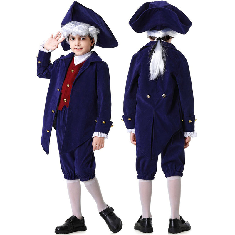 Kid Boys Military Cosplay Costume Colonial Uniform Red Vest Navy Blue Jacket