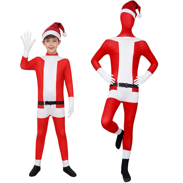 Kids Adult Christmas Santa Claus Cosplay Costume Elastic Jumpsuit Hat
