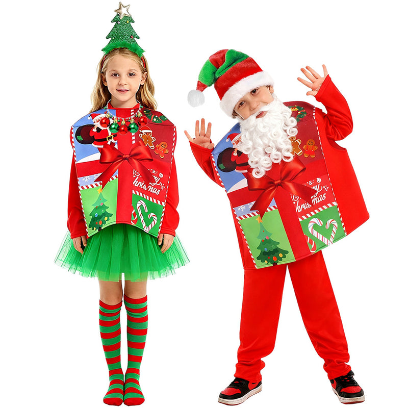 Kids Boys Girl Christmas Gift Box Elf Cosplay Costume Accessory Vest Hat - AwwwCos