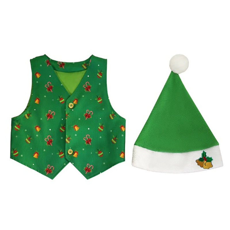 Kids Boys Girl Santa Claus Elf Cosplay Costume Christmas Printed Vest Hat - AwwwCos