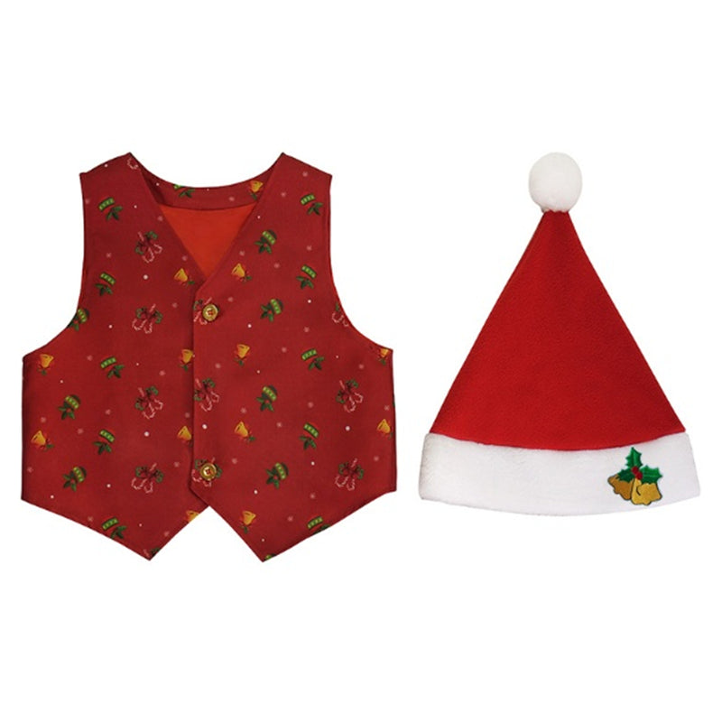 Kids Boys Girl Santa Claus Elf Cosplay Costume Christmas Printed Vest Hat - AwwwCos