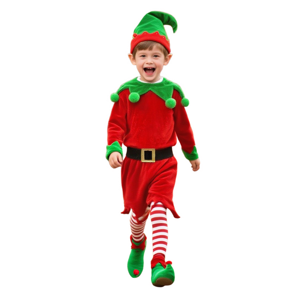 Kids Boys Santa Claus Elf Cosplay Costume Christmas Velvet Dress Hat Shoes