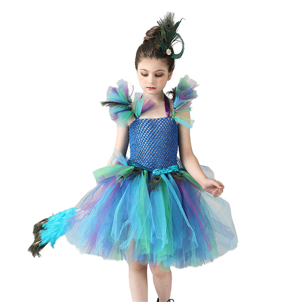 Kids Flower Girl Tutu Deluxe Peacock Dress for Wedding Party