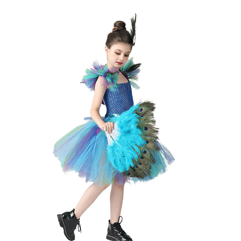 Kids Flower Girl Tutu Deluxe Peacock Dress for Wedding Party