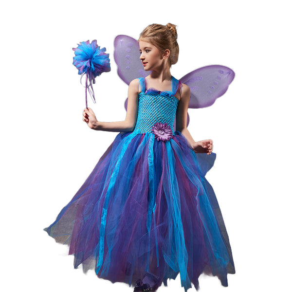 Kids Forest Elf Cosplay Tutu Blue Gown Flower Girls Dress for Wedding