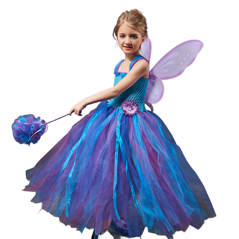 Kids Forest Elf Cosplay Tutu Blue Gown Flower Girls Dress for Wedding - AwwwCos