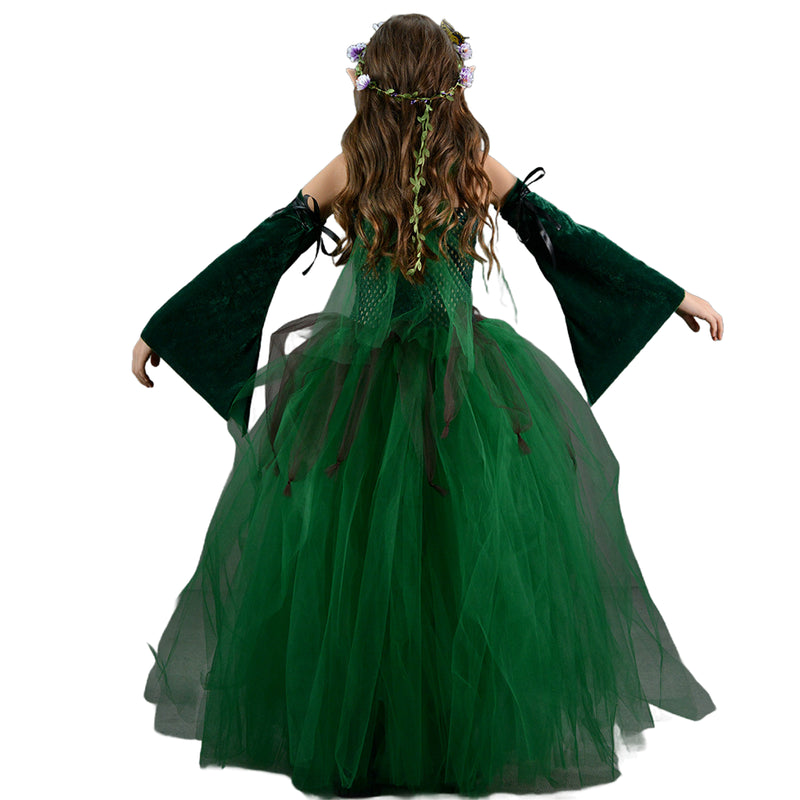 Kids Forest Elf Cosplay Tutu Green Gown Flower Girls Dress for Wedding