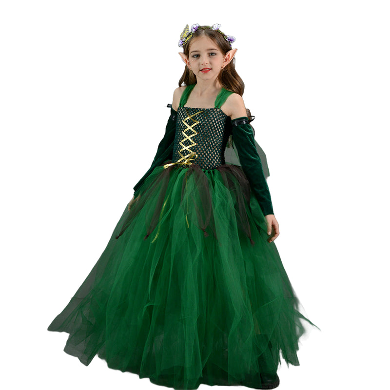 Kids Forest Elf Cosplay Tutu Green Gown Flower Girls Dress for Wedding
