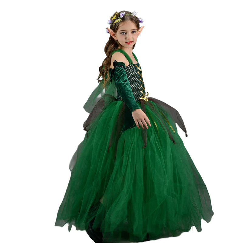 Kids Forest Elf Cosplay Tutu Green Gown Flower Girls Dress for Wedding