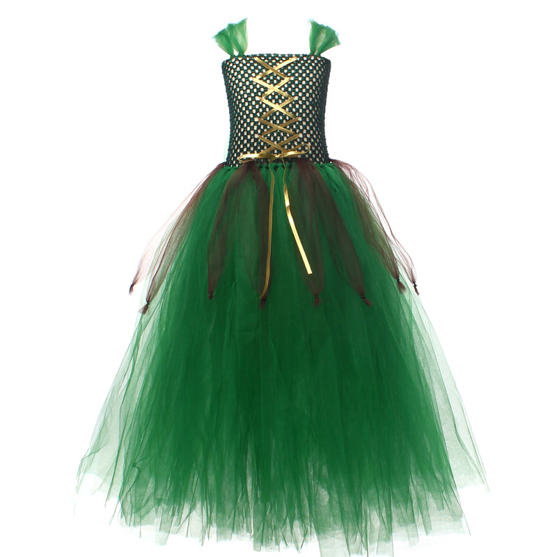 Kids Forest Elf Cosplay Tutu Green Gown Flower Girls Dress for Wedding