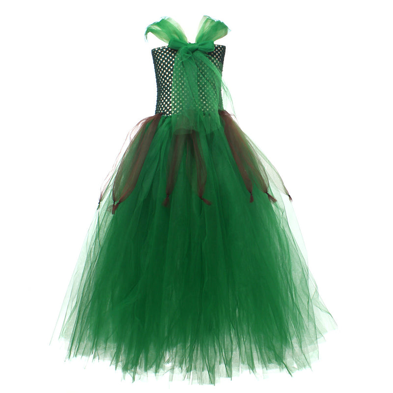 Kids Forest Elf Cosplay Tutu Green Gown Flower Girls Dress for Wedding