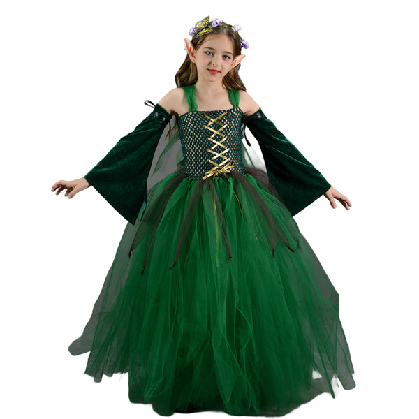 Kids Forest Elf Cosplay Tutu Green Gown Flower Girls Dress for Wedding