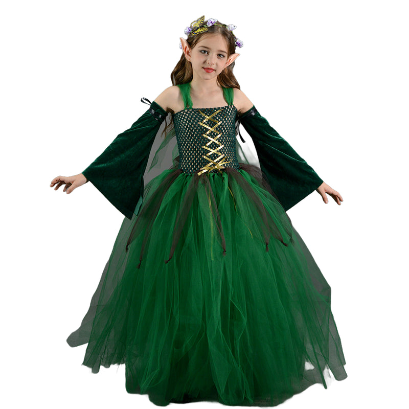 Kids Forest Elf Cosplay Tutu Green Gown Flower Girls Dress for Wedding