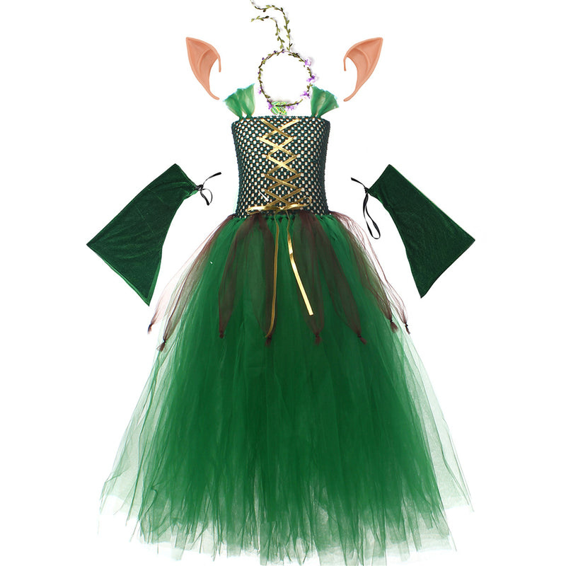 Kids Forest Elf Cosplay Tutu Green Gown Flower Girls Dress for Wedding