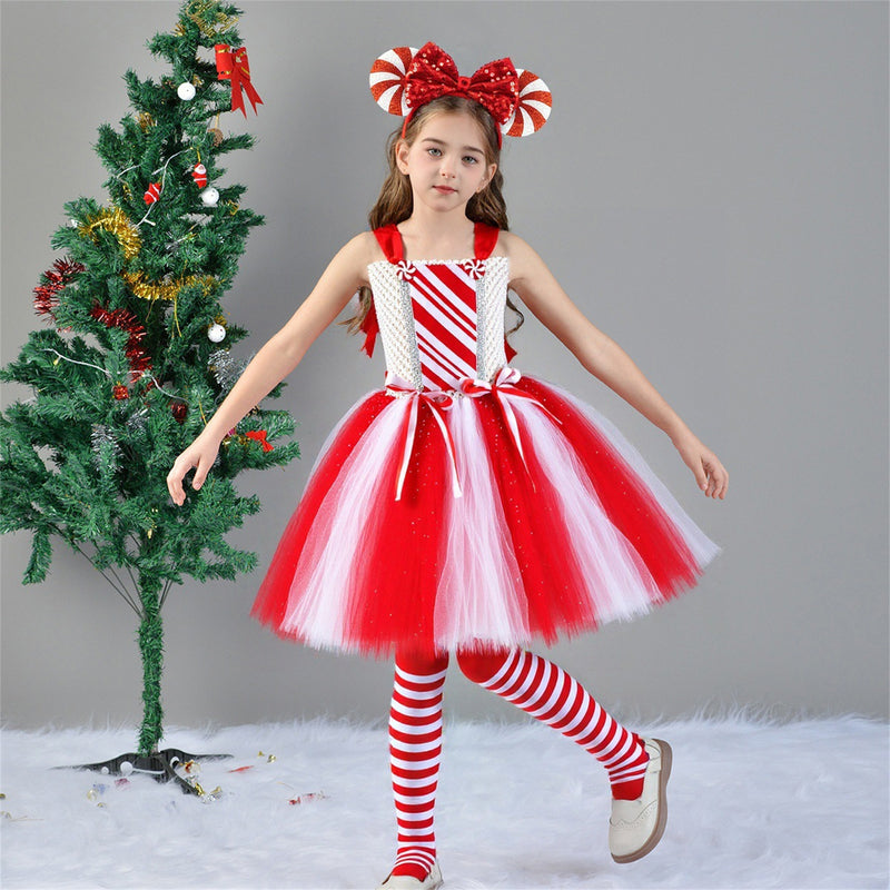 Kids Girls Christmas Candy Cosplay Costume knitted Tutu Dress Hairband Socks - AwwwCos
