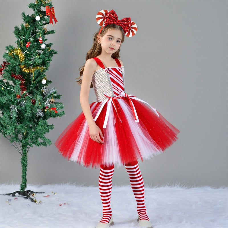 Kids Girls Christmas Candy Cosplay Costume knitted Tutu Dress Hairband Socks - AwwwCos