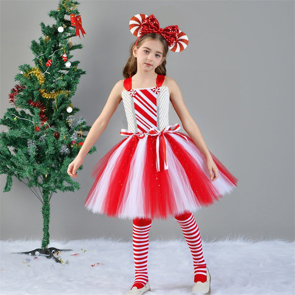 Kids Girls Christmas Candy Cosplay Costume knitted Tutu Dress Hairband Socks - AwwwCos