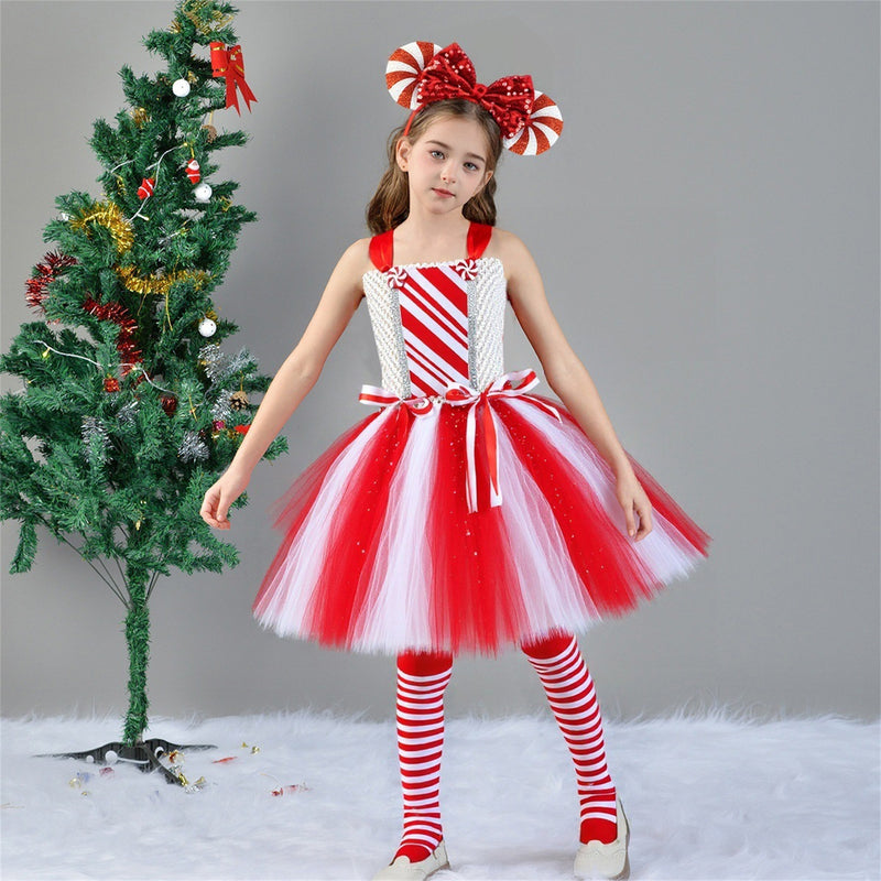 Kids Girls Christmas Candy Cosplay Costume knitted Tutu Dress Hairband Socks - AwwwCos