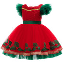Kids Girls Christmas Cosplay Costume Sequin Green Leaf Embroidery Tutu Dress - AwwwCos