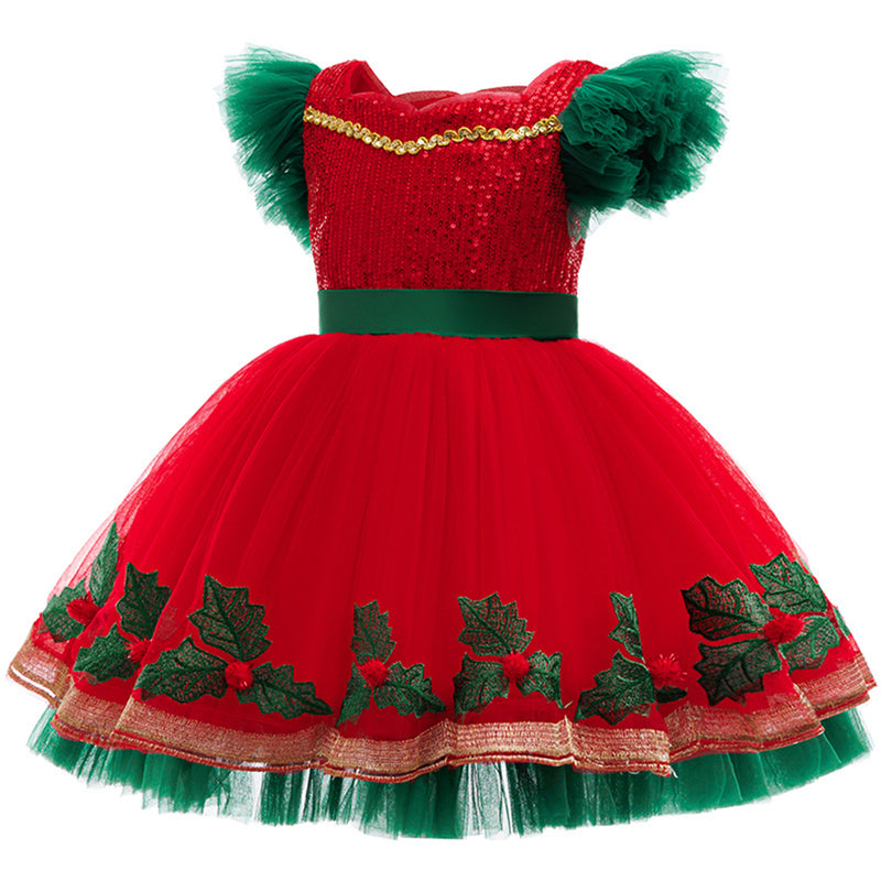 Kids Girls Christmas Cosplay Costume Sequin Green Leaf Embroidery Tutu Dress - AwwwCos