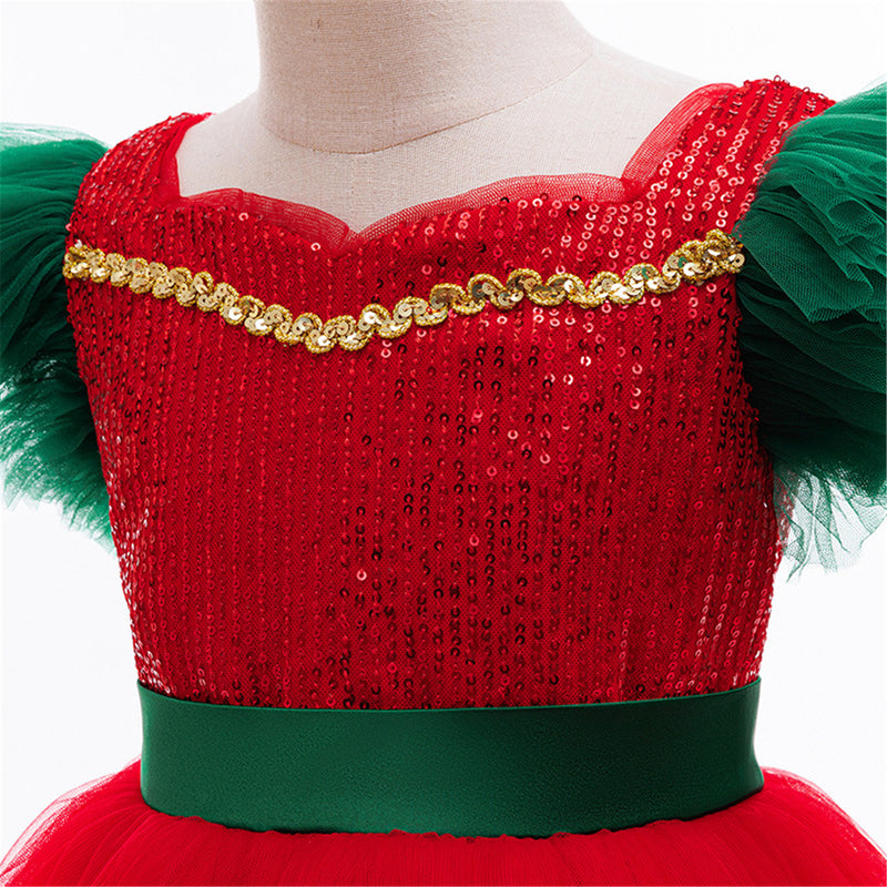 Kids Girls Christmas Cosplay Costume Sequin Green Leaf Embroidery Tutu Dress - AwwwCos