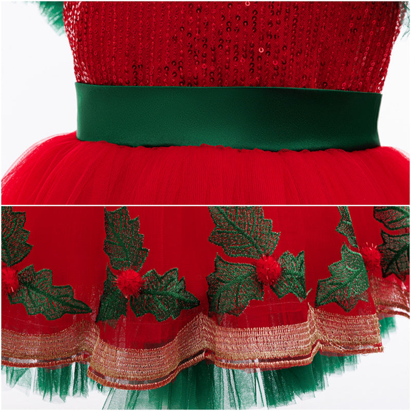 Kids Girls Christmas Cosplay Costume Sequin Green Leaf Embroidery Tutu Dress - AwwwCos