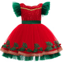Kids Girls Christmas Cosplay Costume Sequin Green Leaf Embroidery Tutu Dress - AwwwCos