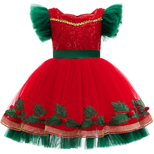 Kids Girls Christmas Cosplay Costume Sequin Green Leaf Embroidery Tutu Dress - AwwwCos
