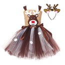 Kids Girls Christmas Deer Cosplay Costume Sequin Crochet Tutu Dress Antler Hairband