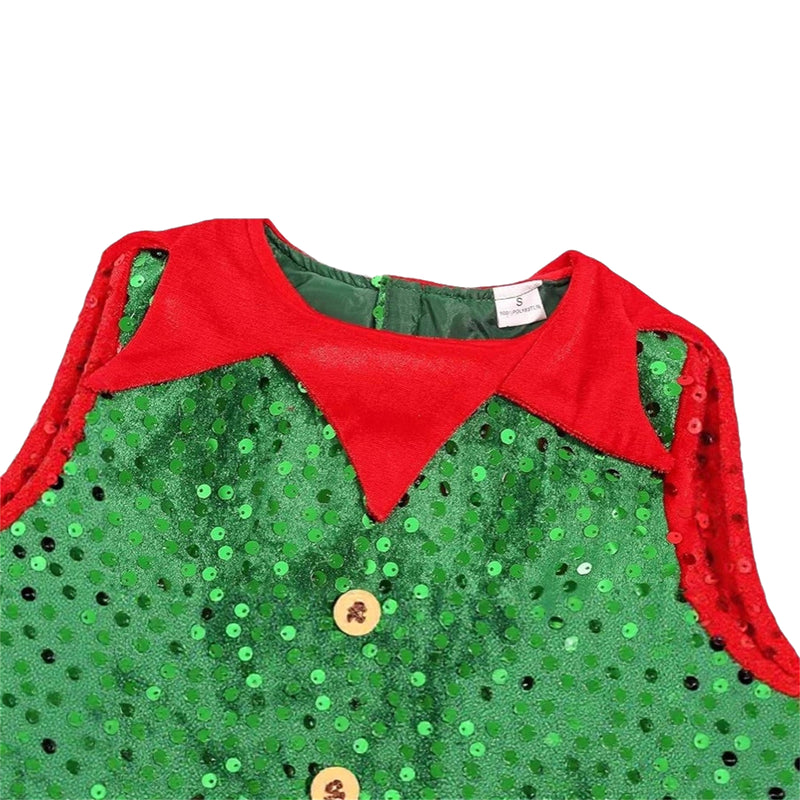 Kids Girls Christmas Elf Cosplay Costume Sequin Velvet Dress Hat Socks - AwwwCos
