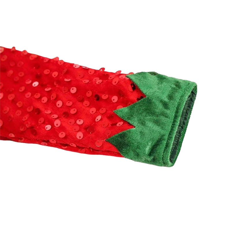 Kids Girls Christmas Elf Cosplay Costume Sequin Velvet Dress Hat Socks - AwwwCos