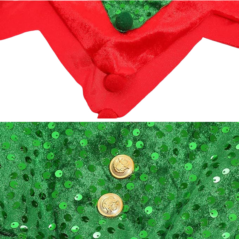 Kids Girls Christmas Elf Cosplay Costume Sequin Velvet Dress Hat Socks - AwwwCos