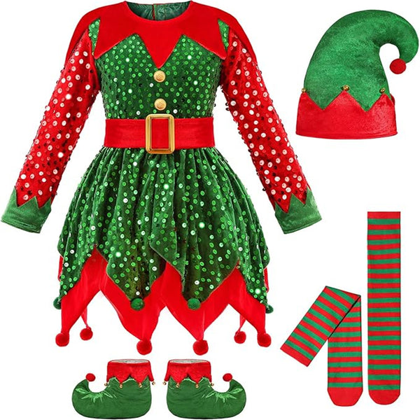 Kids Girls Christmas Elf Cosplay Costume Sequin Velvet Dress Hat Socks - AwwwCos