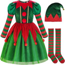 Kids Girls Christmas Elf Cosplay Costume Velvet Dress Pointed Hat Socks - AwwwCos