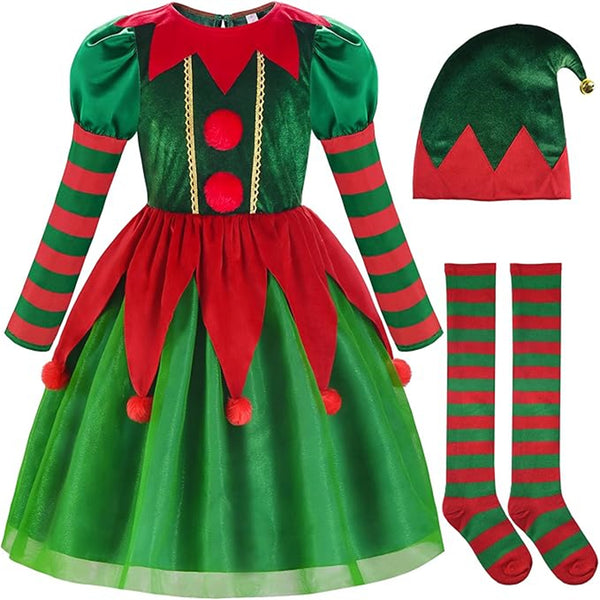 Kids Girls Christmas Elf Cosplay Costume Velvet Dress Pointed Hat Socks - AwwwCos