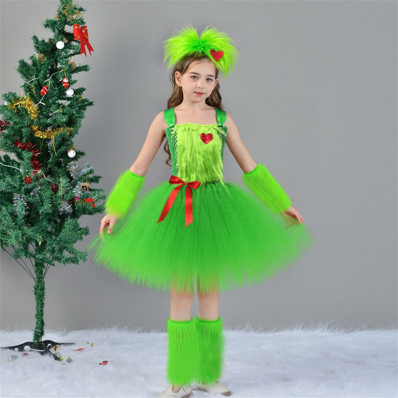 Kids Girls Christmas Green Costume Ballet Tutu Dance Dress Plush Hairband Leg Warmer - AwwwCos