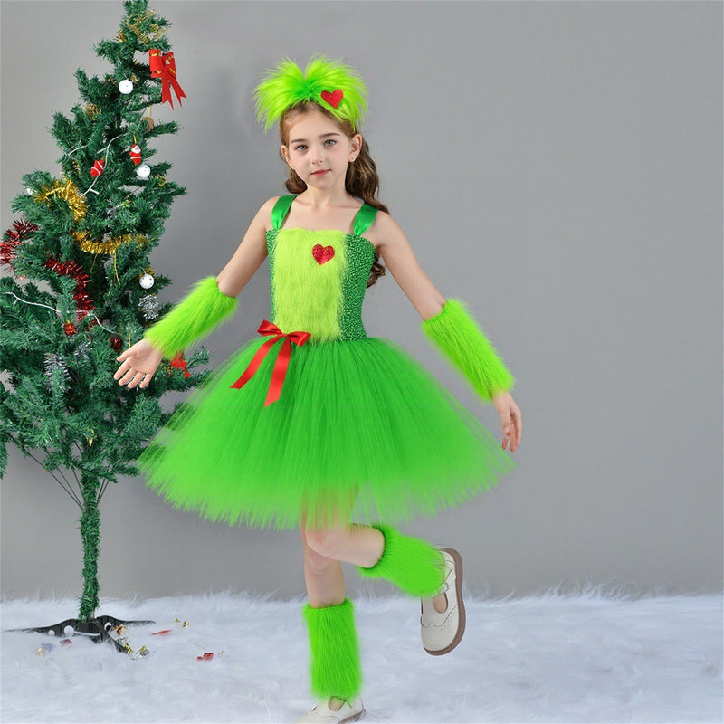 Kids Girls Christmas Green Costume Ballet Tutu Dance Dress Plush Hairband Leg Warmer - AwwwCos