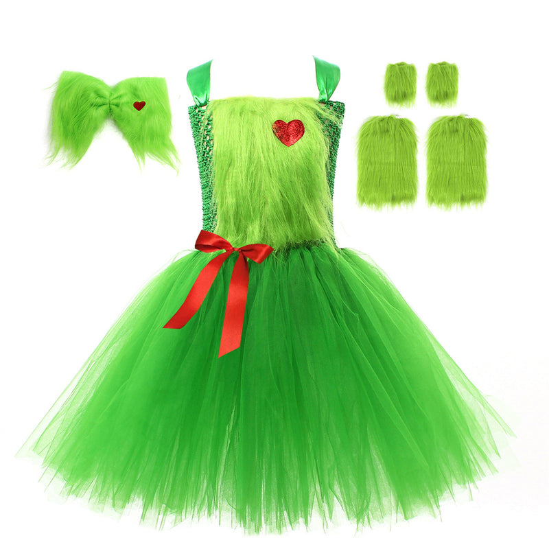 Kids Girls Christmas Green Costume Ballet Tutu Dance Dress Plush Hairband Leg Warmer - AwwwCos