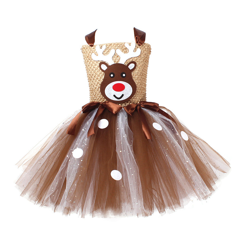 Kids Girls Christmas Party Deer Cosplay Costume Sequin Tutu Dress Antler Hairband - AwwwCos