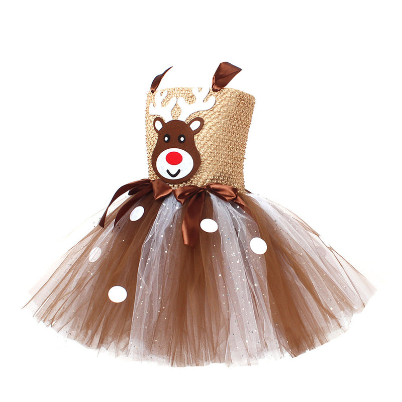 Kids Girls Christmas Party Deer Cosplay Costume Sequin Tutu Dress Antler Hairband - AwwwCos