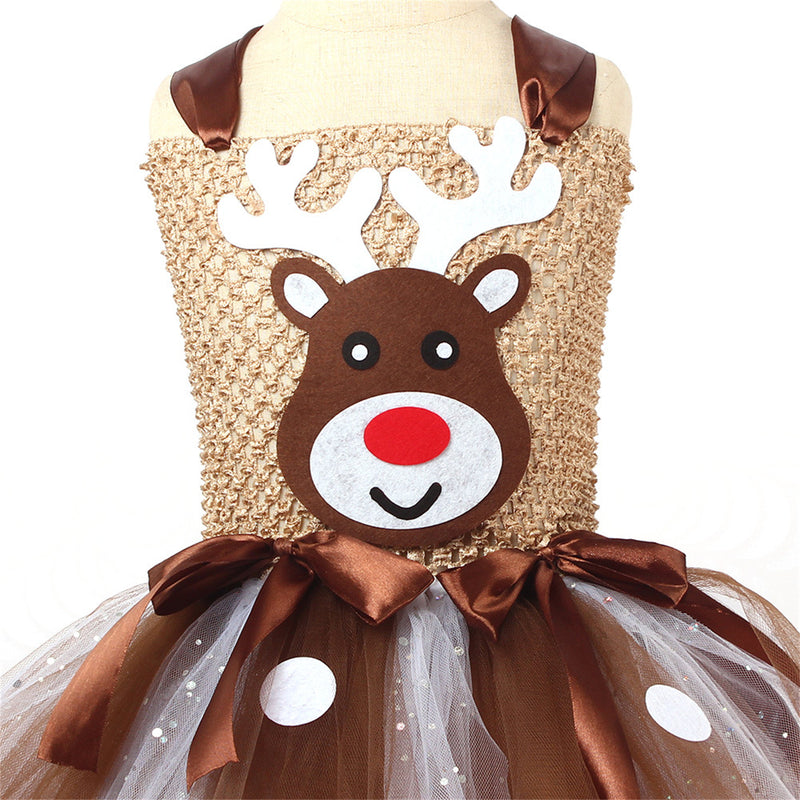 Kids Girls Christmas Party Deer Cosplay Costume Sequin Tutu Dress Antler Hairband - AwwwCos