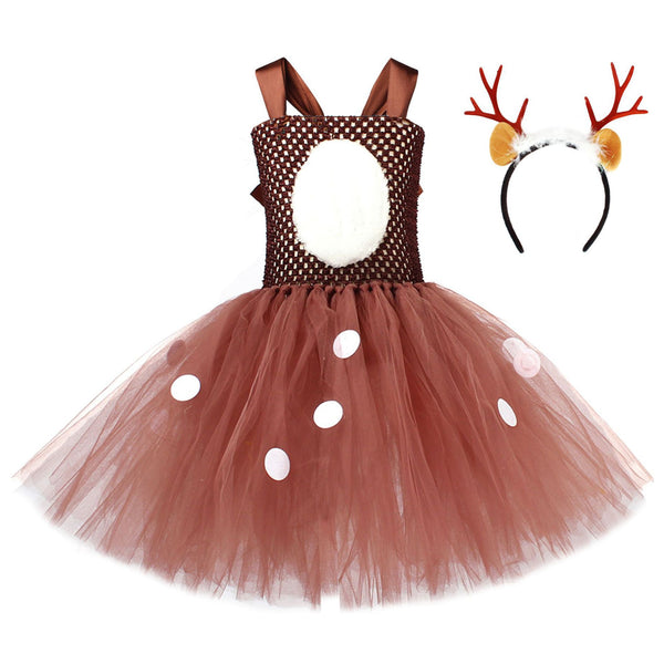 Kids Girls Christmas Party Deer Cosplay Costume Tutu Dress Antler Hairband - AwwwCos