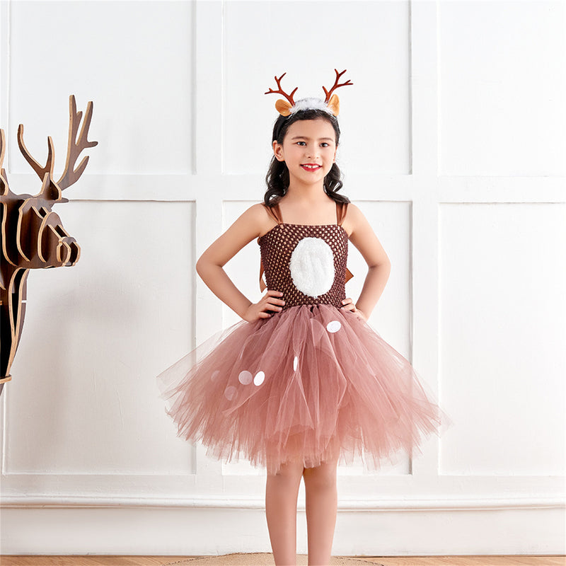 Kids Girls Christmas Party Deer Cosplay Costume Tutu Dress Antler Hairband - AwwwCos