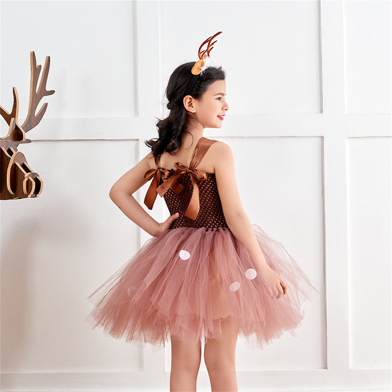 Kids Girls Christmas Party Deer Cosplay Costume Tutu Dress Antler Hairband - AwwwCos