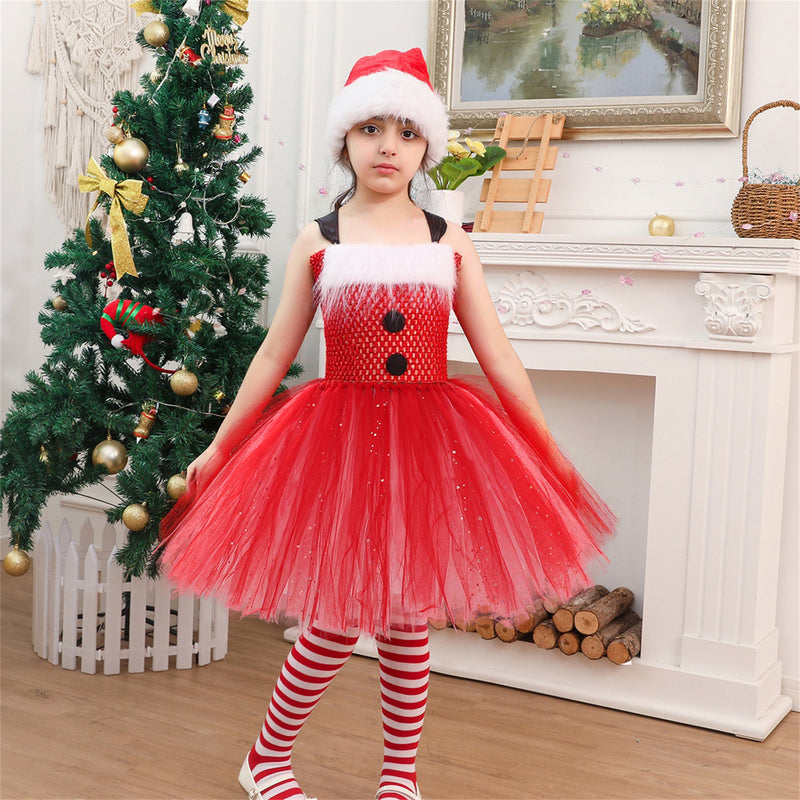 Kids Girls Christmas Santa Claus Cosplay Costume knitted Tutu Dress Hat Socks - AwwwCos
