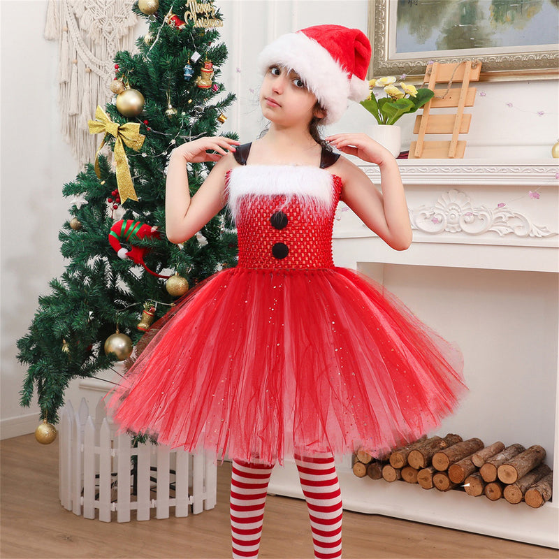 Kids Girls Christmas Santa Claus Cosplay Costume knitted Tutu Dress Hat Socks - AwwwCos