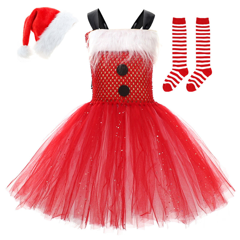 Kids Girls Christmas Santa Claus Cosplay Costume knitted Tutu Dress Hat Socks - AwwwCos