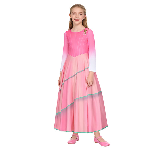 Kids Girls Film Wicked Glinda Cosplay Costume Pink Long Sleeve Dress - AwwwCos