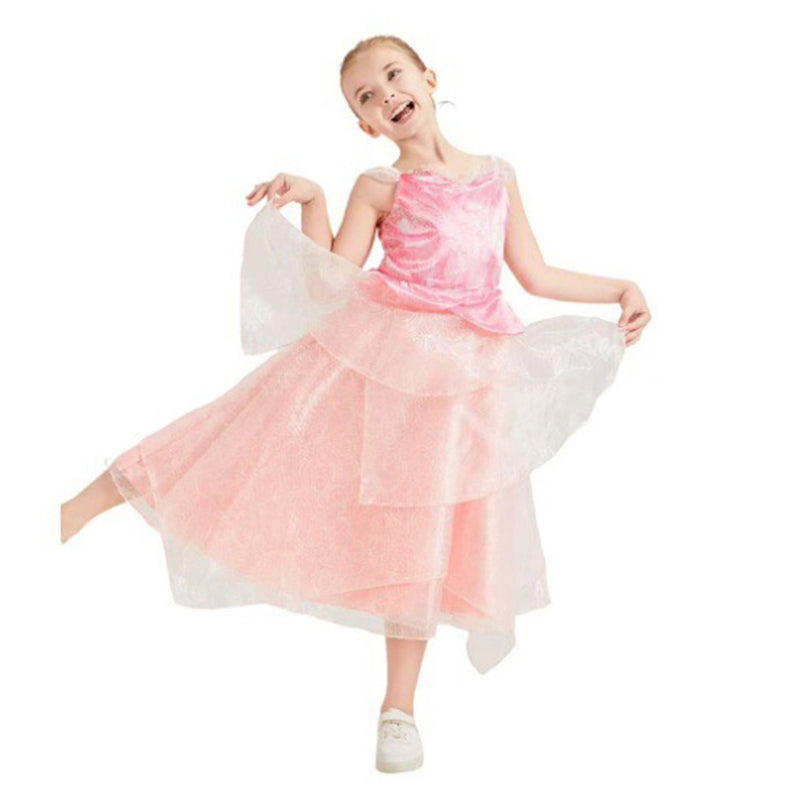 Kids Girls Film Wicked Glinda Cosplay Costume Pink Spaghetti Strap Tiered Dress - AwwwCos