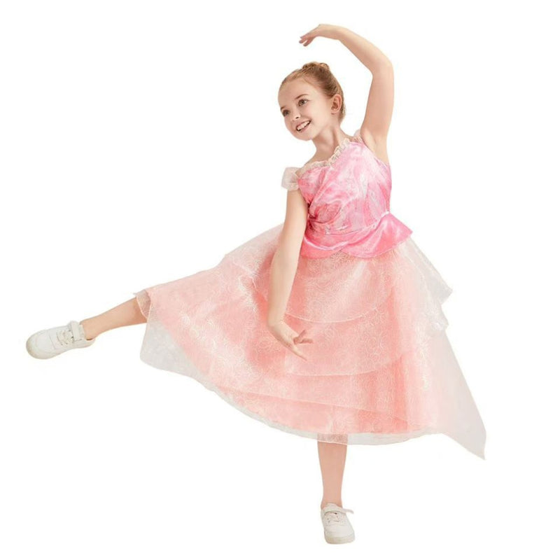 Kids Girls Film Wicked Glinda Cosplay Costume Pink Spaghetti Strap Tiered Dress - AwwwCos